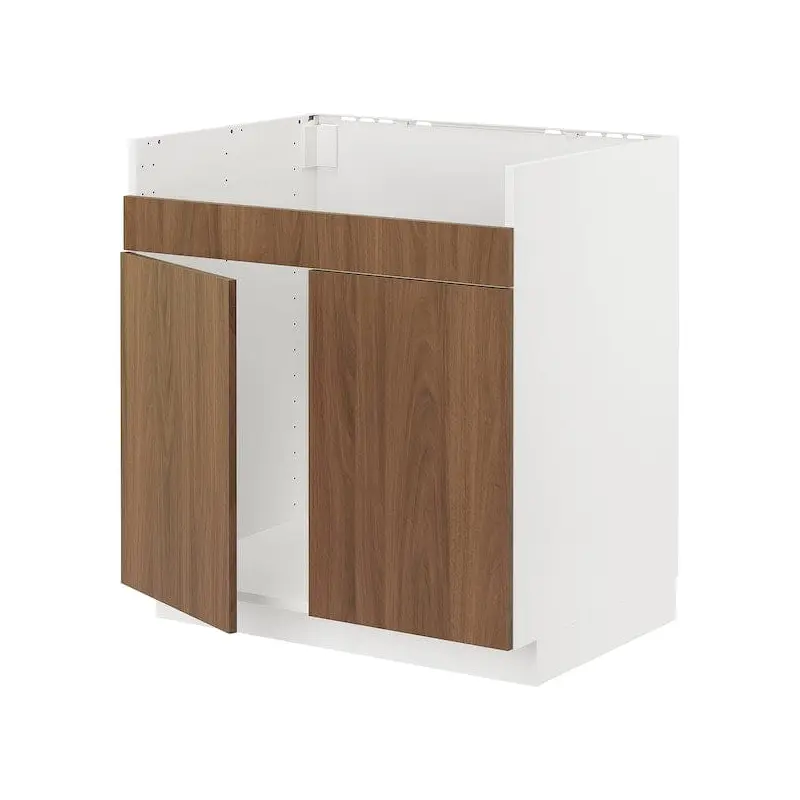 METOD base cab f HAVSEN double bowl sink, white/Tistorp brown walnut effect, 80x60 cm