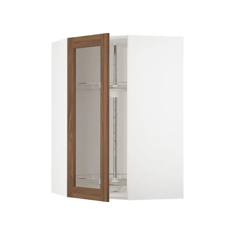 METOD corner wall cab w carousel/glass dr, white Enkping/brown walnut effect, 68x100 cm