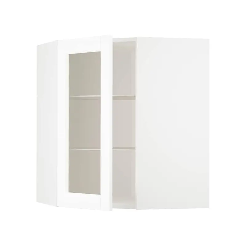 METOD corner wall cab w shelves/glass dr, white Enkping/white wood effect, 68x80 cm