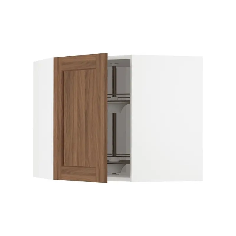 METOD corner wall cabinet with carousel, white Enkping/brown walnut effect, 68x60 cm