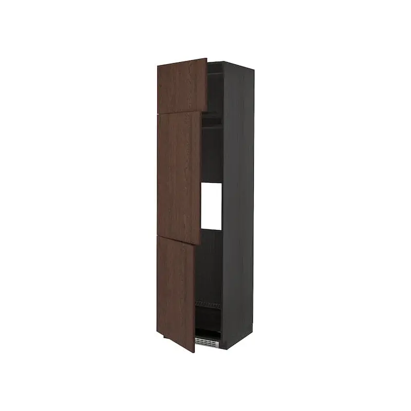 METOD high cab f fridge/freezer w 3 doors, black/Sinarp brown, 60x60x220 cm
