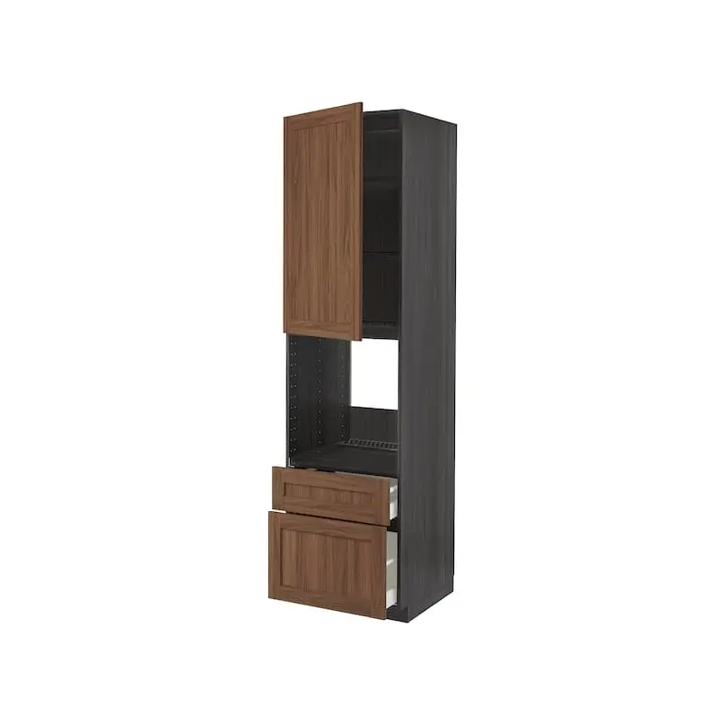 METOD / MAXIMERA high cabinet f oven+door/2 drawers, black Enkping/brown walnut effect, 60.0x220.0x60.0 cm