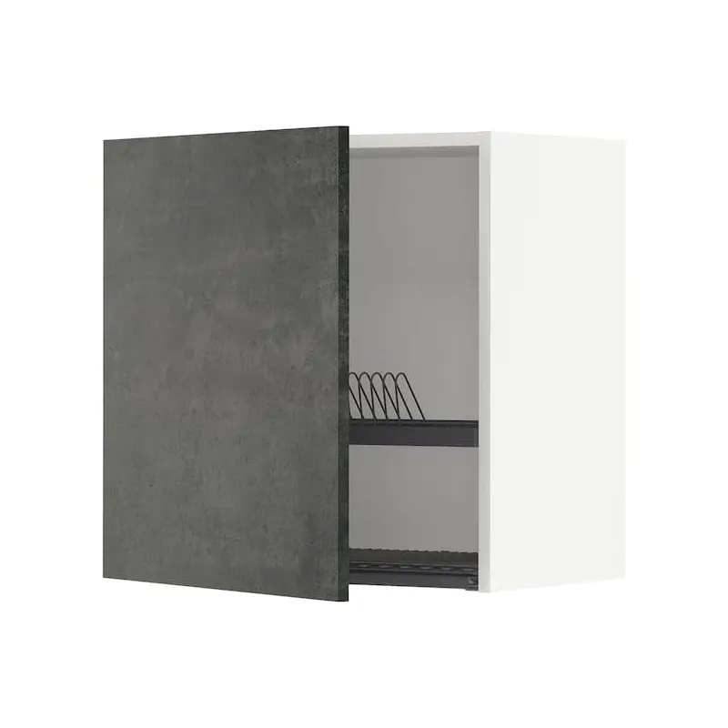 METOD wall cabinet with dish drainer, white/Kalhyttan dark grey concrete effect, 60x60 cm