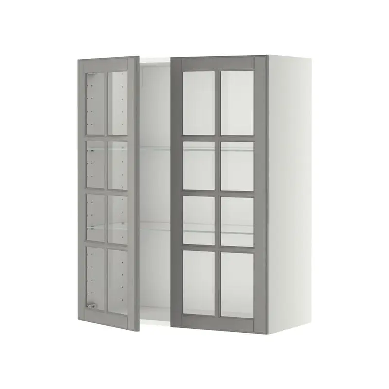 METOD wall cabinet w shelves/2 glass drs, white/Bodbyn grey, 80x100 cm