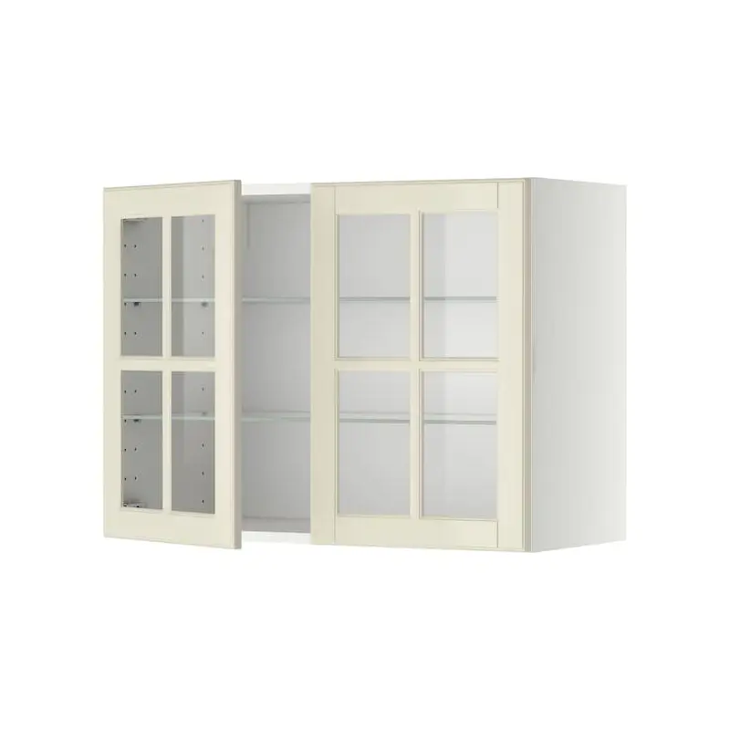 METOD wall cabinet w shelves/2 glass drs, white/Bodbyn off-white, 80x60 cm