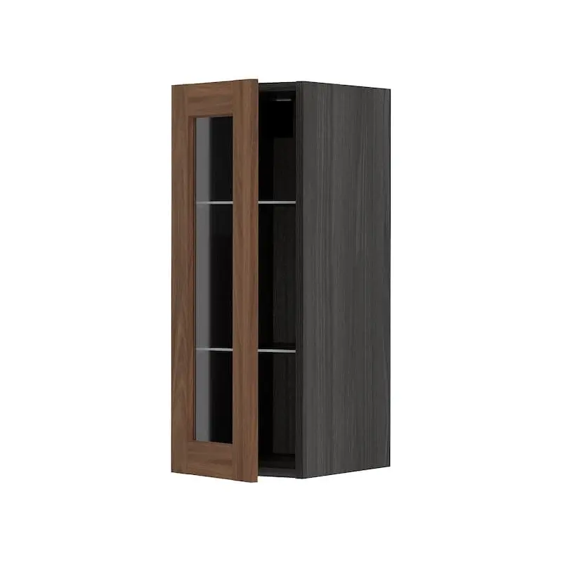 METOD wall cabinet w shelves/glass door, black Enkping/brown walnut effect, 30.0x80.0x37.0 cm
