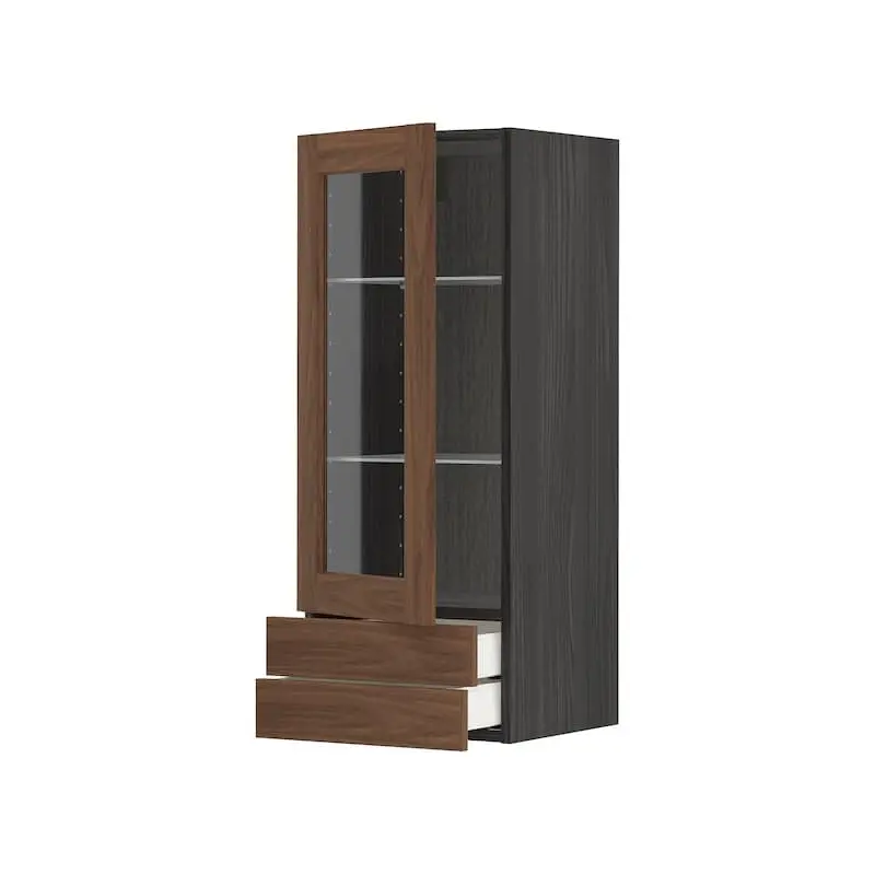 METOD / MAXIMERA wall cabinet w glass door/2 drawers, black Enkping/brown walnut effect, 40.0x100.0x38.9 cm