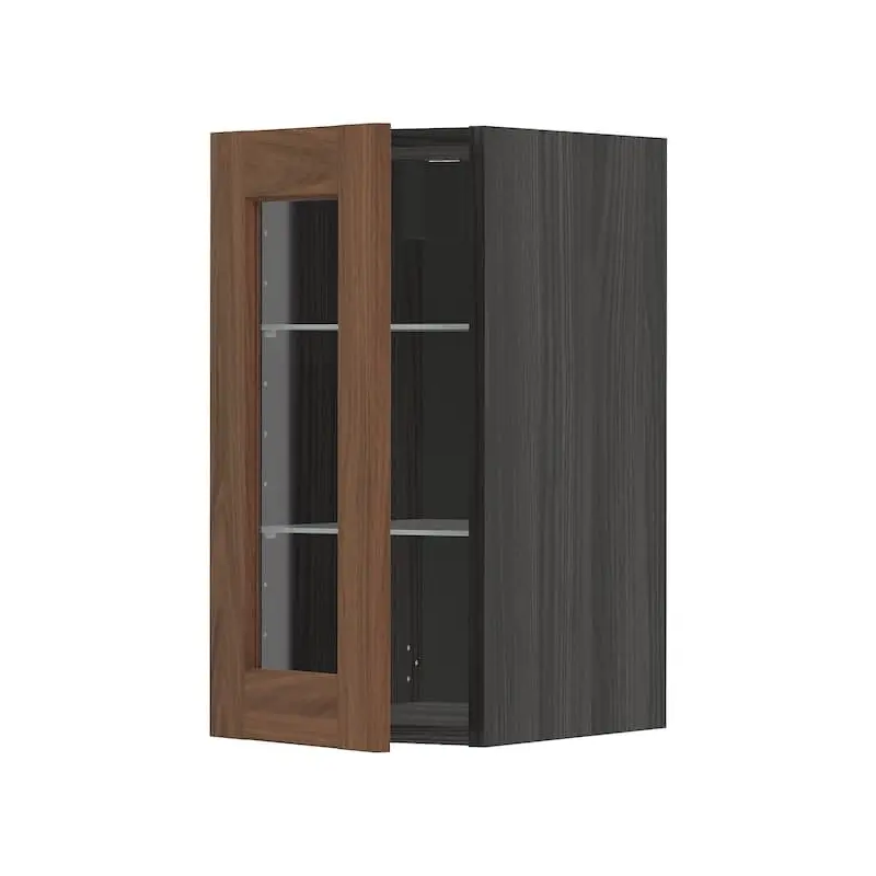 METOD wall cabinet w shelves/glass door, black Enkping/brown walnut effect, 30.0x60.0x38.8 cm