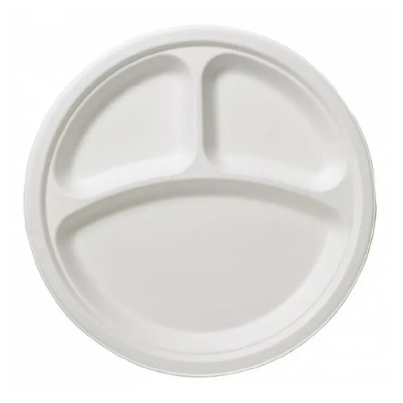 Tableware Solutions USA Q2016 10-1/4 Inch Round Disposable Plate White Biodegradable 3 Compartment 50 Packs