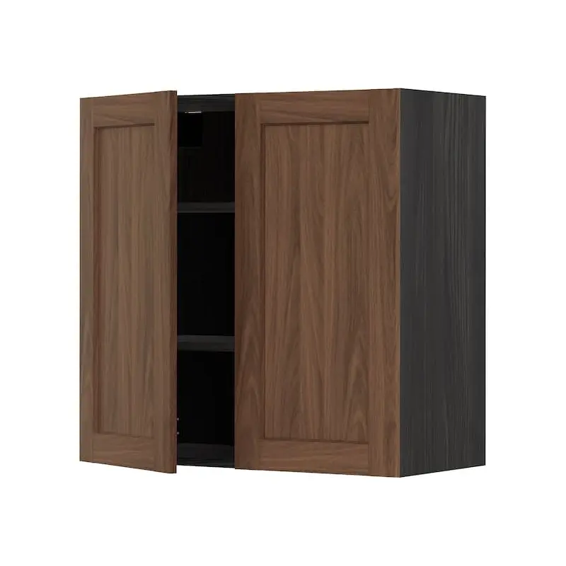 METOD wall cabinet with shelves/2 doors, black Enkping/brown walnut effect, 80x80 cm