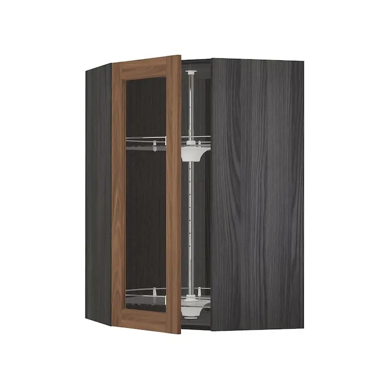 METOD corner wall cab w carousel/glass dr, black Enkping/brown walnut effect, 68x100 cm