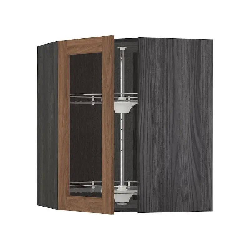 METOD corner wall cab w carousel/glass dr, black Enkping/brown walnut effect, 68x80 cm