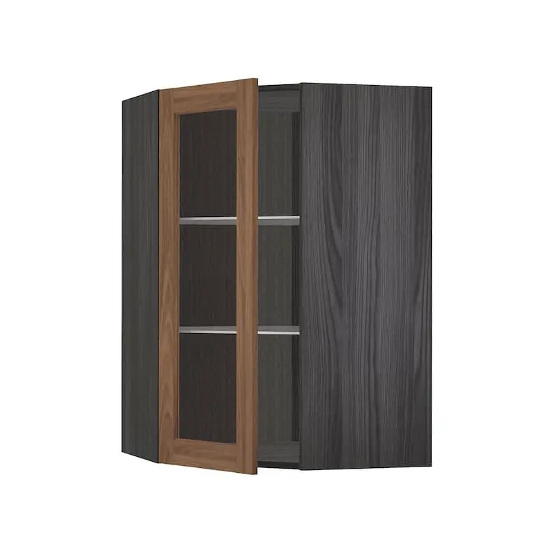 METOD corner wall cab w shelves/glass dr, black Enkping/brown walnut effect, 68x100 cm