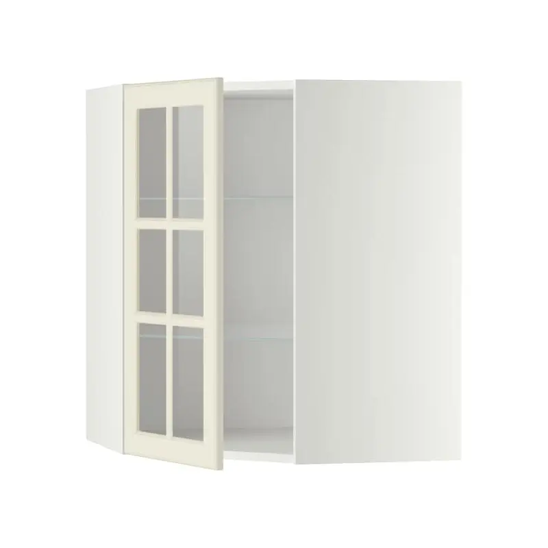 METOD corner wall cab w shelves/glass dr, white/Bodbyn off-white, 68x80 cm