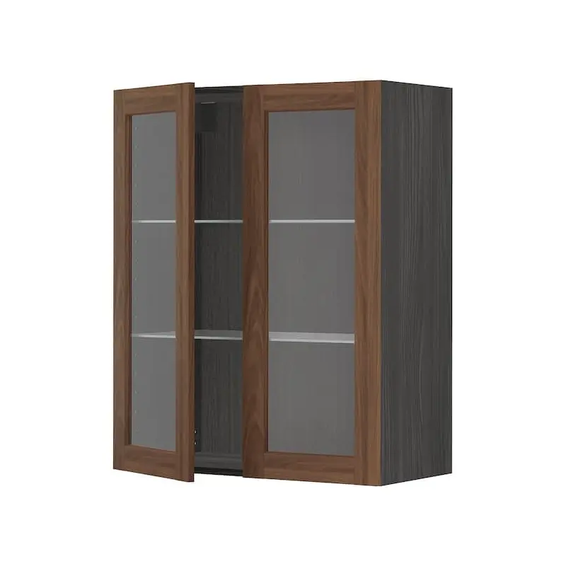 METOD wall cabinet w shelves/2 glass drs, black Enkping/brown walnut effect, 80x100 cm