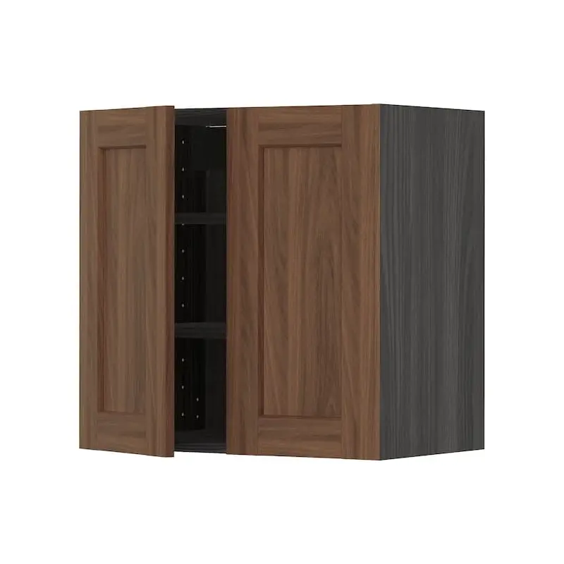 METOD wall cabinet with shelves/2 doors, black Enkping/brown walnut effect, 60x60 cm