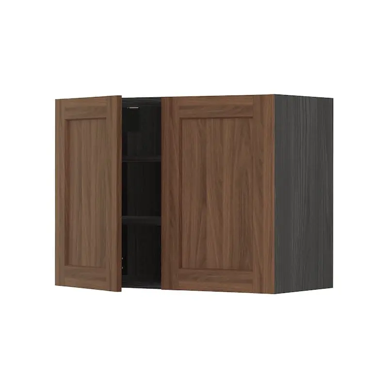 METOD wall cabinet with shelves/2 doors, black Enkping/brown walnut effect, 80x60 cm