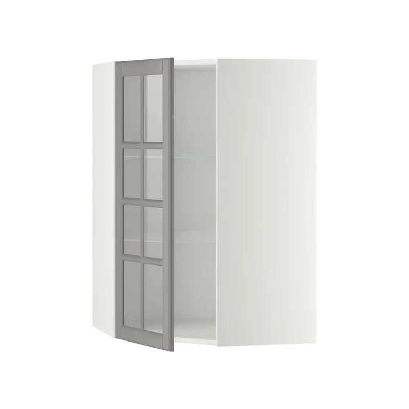 METOD corner wall cab w shelves/glass dr, white/Bodbyn grey, 68x100 cm