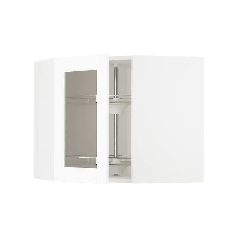 METOD corner wall cab w carousel/glass dr, white Enkping/white wood effect, 68x60 cm