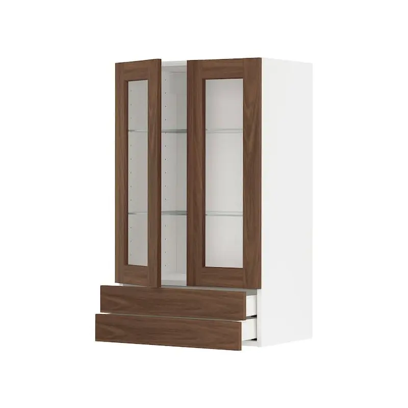 METOD / MAXIMERA wall cab w 2 glass doors/2 drawers, white Enkping/brown walnut effect, 60x100 cm