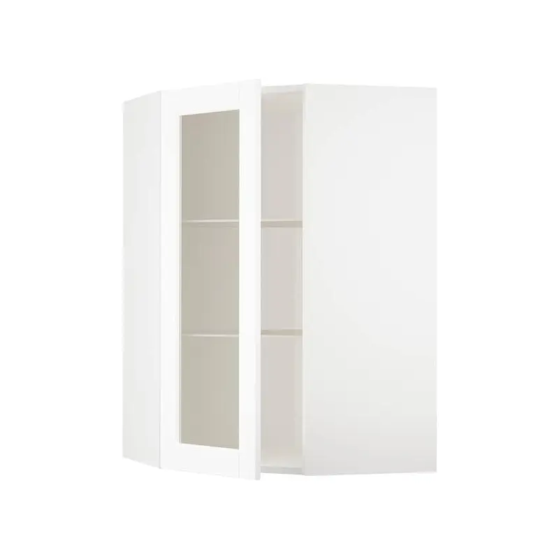 METOD corner wall cab w shelves/glass dr, white Enkping/white wood effect, 68x100 cm