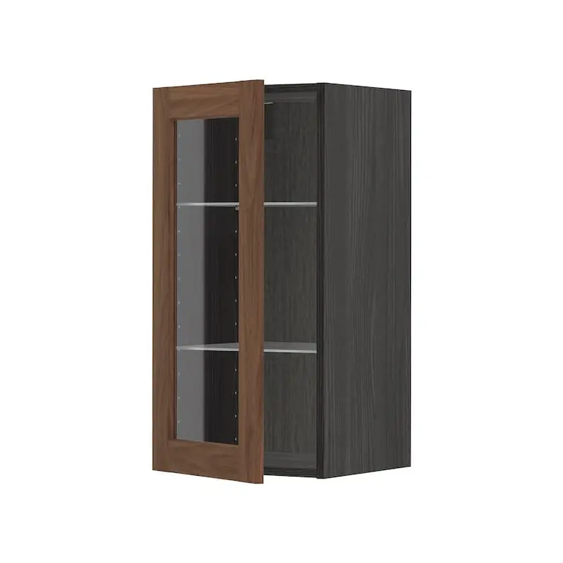 METOD wall cabinet w shelves/glass door, black Enkping/brown walnut effect, 40.0x80.0x38.9 cm