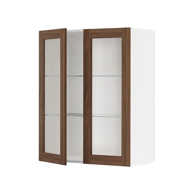 METOD wall cabinet w shelves/2 glass drs, white Enkping/brown walnut effect, 80x100 cm