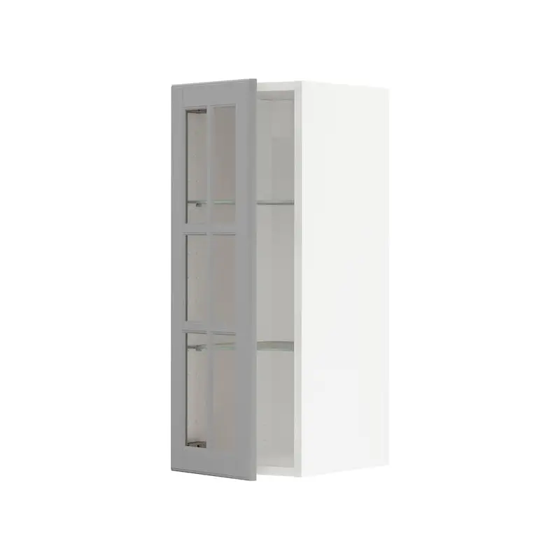 METOD wall cabinet w shelves/glass door, white/Bodbyn grey, 30.0x80.0x37.0 cm