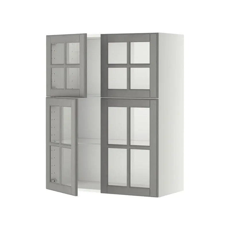 METOD wall cabinet w shelves/4 glass drs, white/Bodbyn grey, 80.0x100.0x38.9 cm