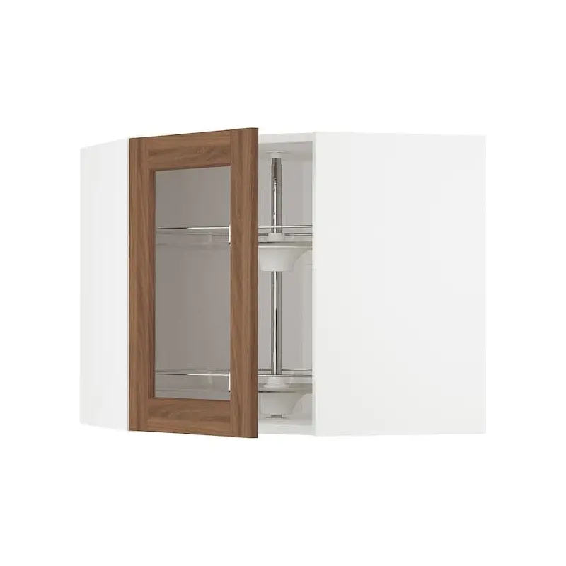 METOD corner wall cab w carousel/glass dr, white Enkping/brown walnut effect, 68x60 cm