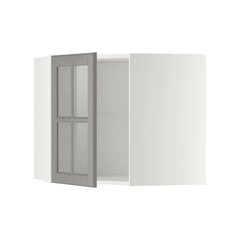 METOD corner wall cab w shelves/glass dr, white/Bodbyn grey, 67.5x60.0x67.5 cm