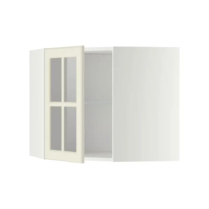 METOD corner wall cab w shelves/glass dr, white/Bodbyn off-white, 68x60 cm