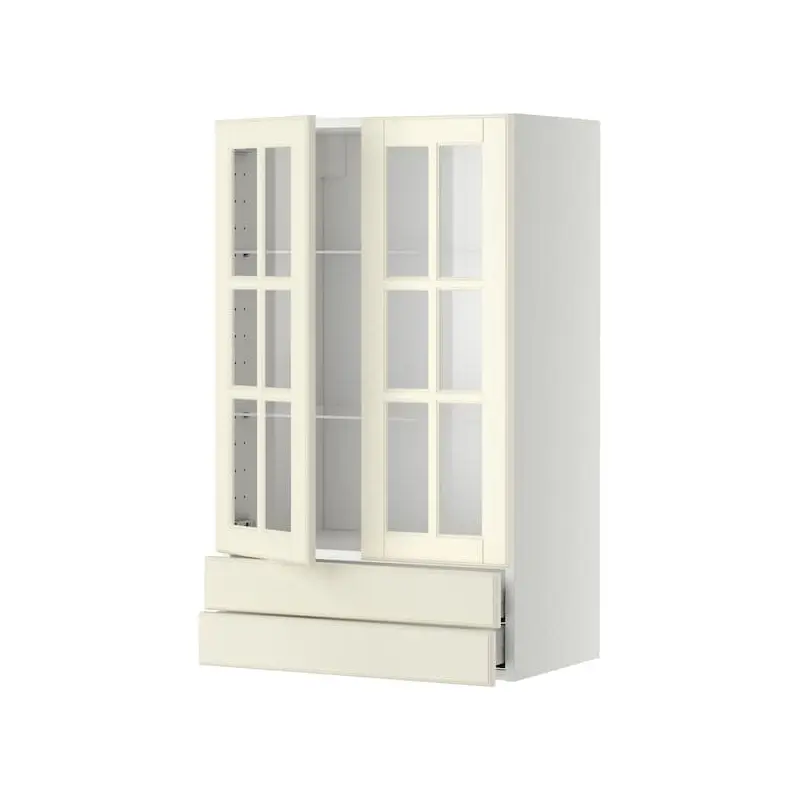 METOD / MAXIMERA wall cab w 2 glass doors/2 drawers, white/Bodbyn off-white, 60x100 cm
