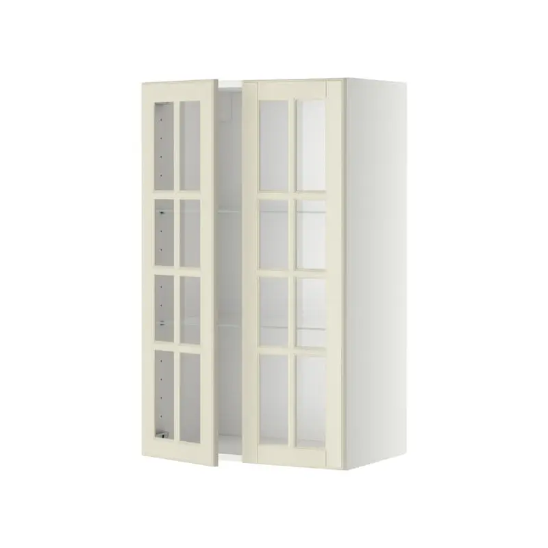 METOD wall cabinet w shelves/2 glass drs, white/Bodbyn off-white, 60x100 cm