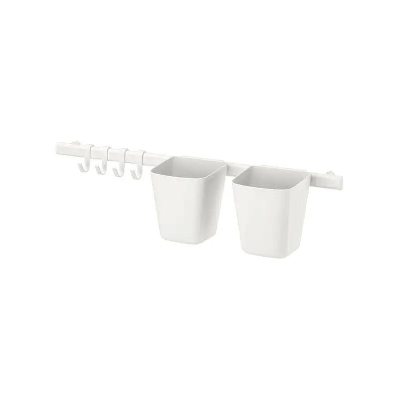 SUNNERSTA rail with 4 hooks and 2 containers, white