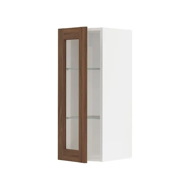 METOD wall cabinet w shelves/glass door, white Enkping/brown walnut effect, 30x80 cm