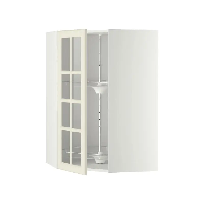 METOD corner wall cab w carousel/glass dr, white/Bodbyn off-white, 68x100 cm