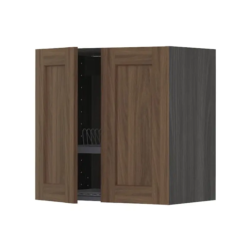 METOD wall cabinet w dish drainer/2 doors, black Enkping/brown walnut effect, 60x60 cm
