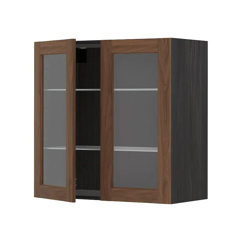 METOD wall cabinet w shelves/2 glass drs, black Enkping/brown walnut effect, 80x80 cm