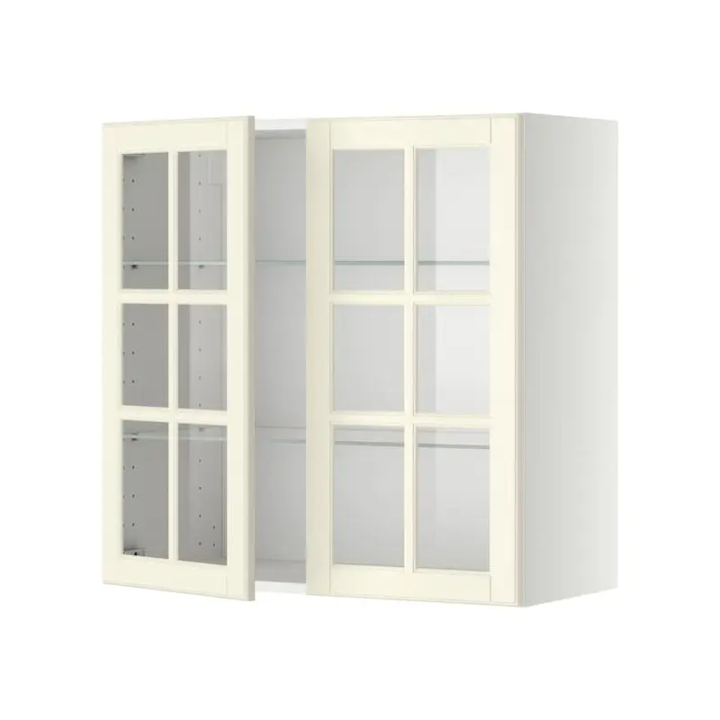 METOD wall cabinet w shelves/2 glass drs, white/Bodbyn off-white, 80x80 cm