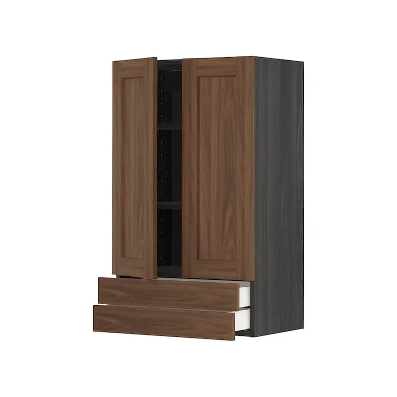 METOD / MAXIMERA wall cabinet w 2 doors/2 drawers, black Enkping/brown walnut effect, 60.0x100.0x38.6 cm