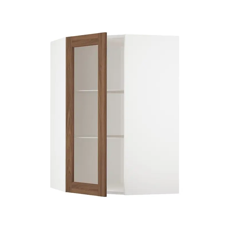 METOD corner wall cab w shelves/glass dr, white Enkping/brown walnut effect, 68x100 cm