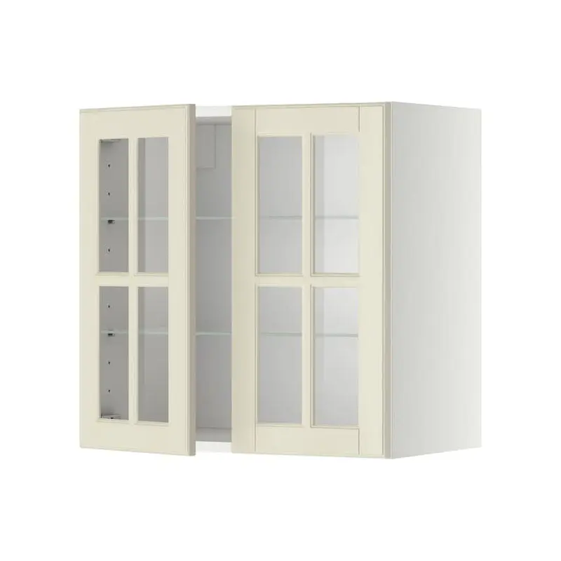 METOD wall cabinet w shelves/2 glass drs, white/Bodbyn off-white, 60x60 cm