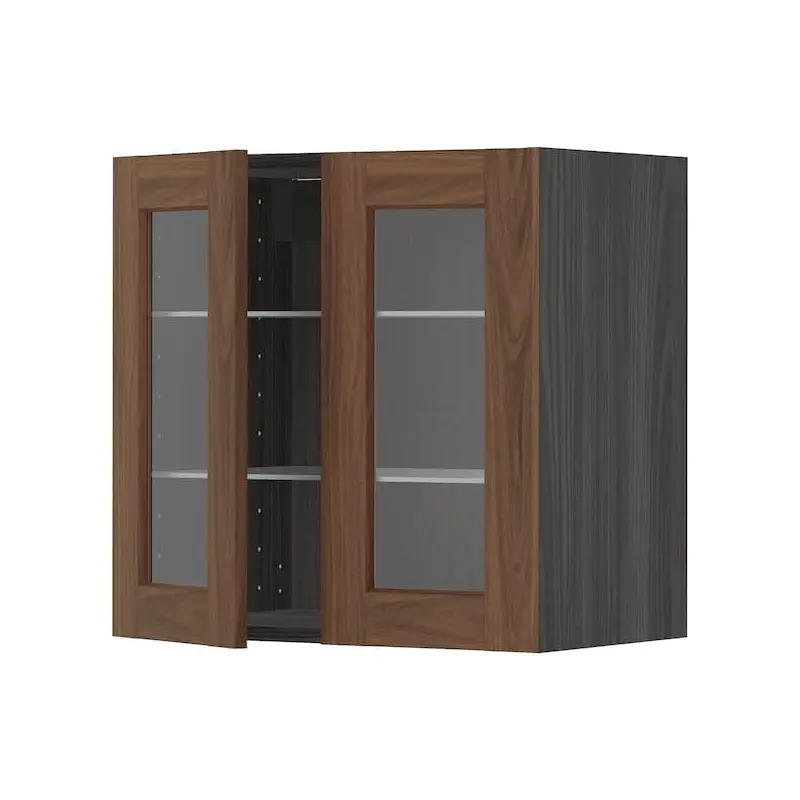 METOD wall cabinet w shelves/2 glass drs, black Enkping/brown walnut effect, 60x60 cm