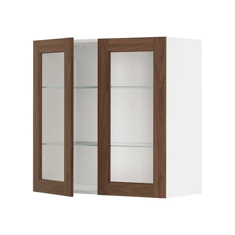 METOD wall cabinet w shelves/2 glass drs, white Enkping/brown walnut effect, 80x80 cm
