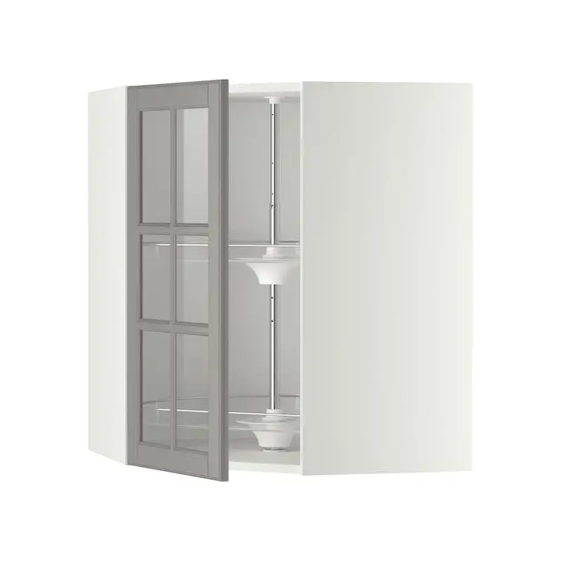 METOD corner wall cab w carousel/glass dr, white/Bodbyn grey, 68x80 cm