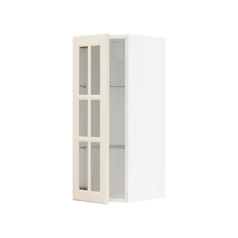 METOD wall cabinet w shelves/glass door, white/Bodbyn off-white, 30x80 cm