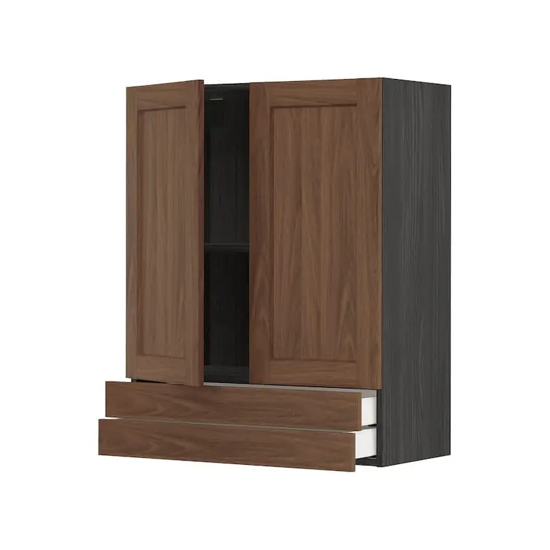 METOD / MAXIMERA wall cabinet w 2 doors/2 drawers, black Enkping/brown walnut effect, 80x100 cm