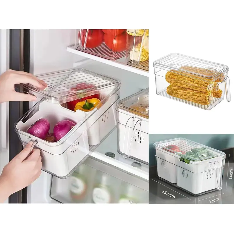 Fridge Storage Box w 2 Strainers & Cover & Handle