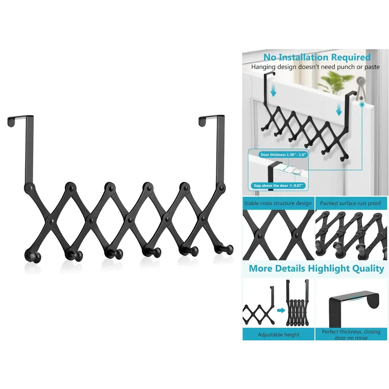Expandable Black Metallic over the door hanger with 6 ho
